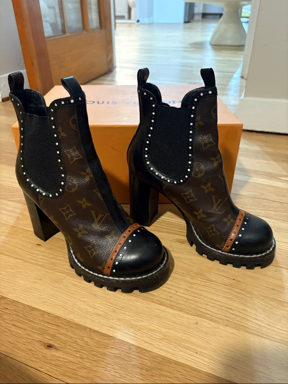 Louis Vuitton Black & Brown Monogram Studded Chelsea Platform Booties